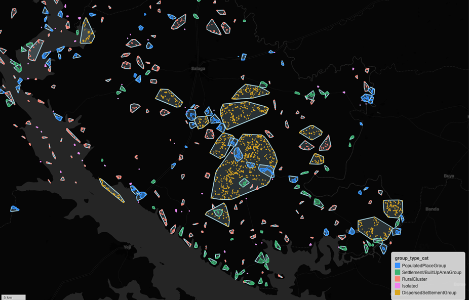 Map of Ghana settlement clusters around Salaga categorized by group type (populated place, settlement/built-up, rural cluster, isolated, dispersed).